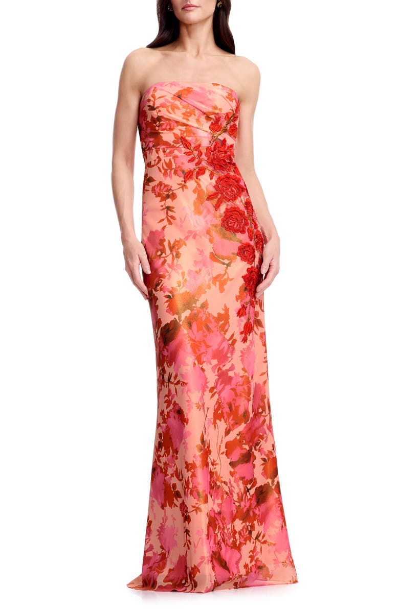 Dress the Population Kinley Floral Appliqué Strapless Gown, Main, color, Peach Multi