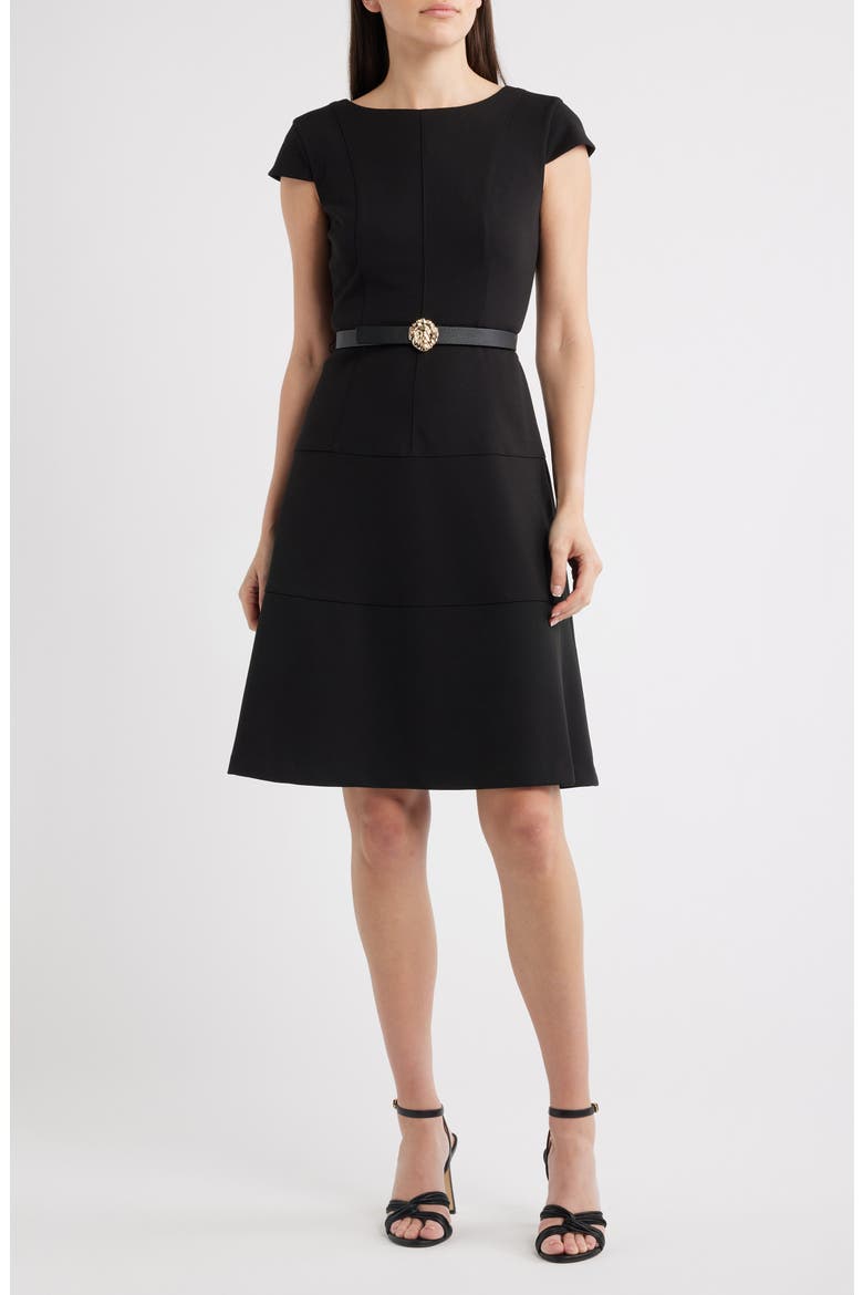 Belted Scuba Crepe Midi Dress, Main, color, ANNE BLACK