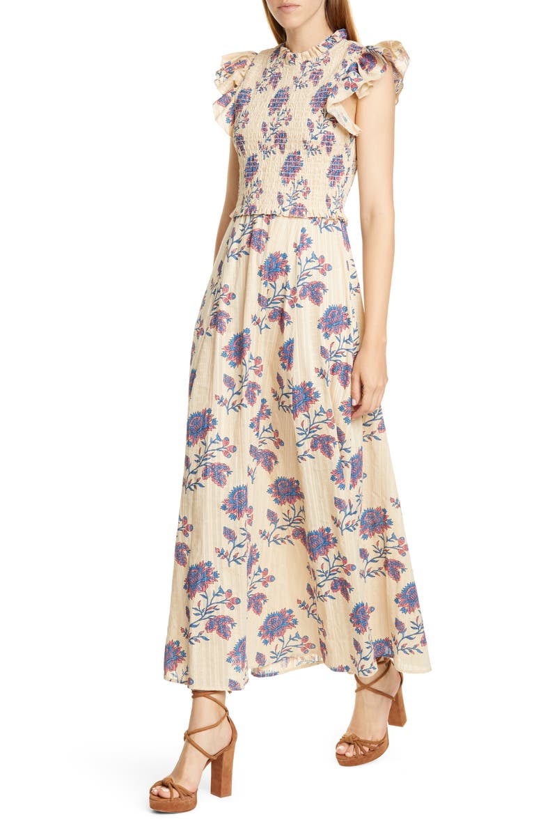 Sea Odette Floral Flutter Sleeve Midi Dress, Alternate, color, 