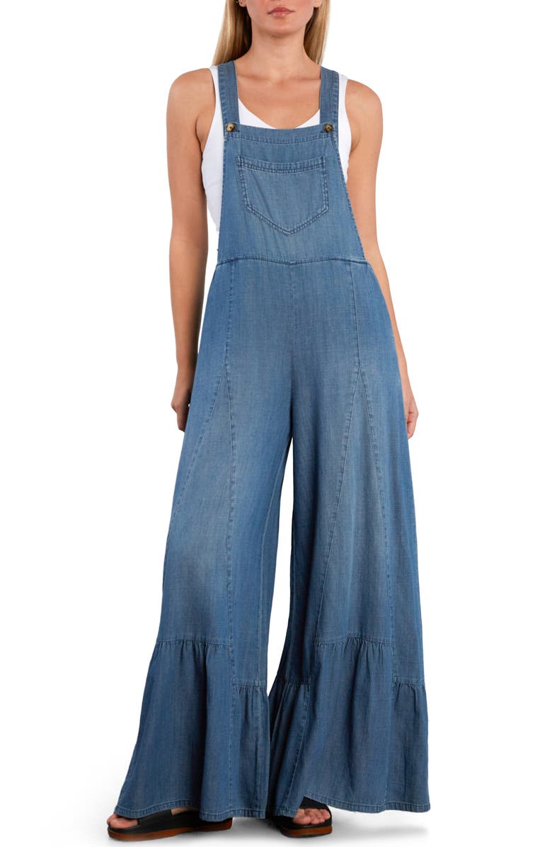 Billy T Butterfly Ruffle Leg Cotton Blend Overalls, Main, color, Vintage Denim