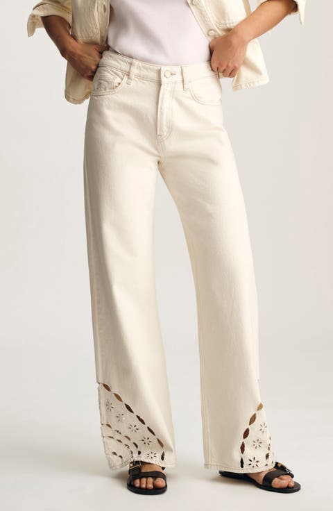 Malibu Eyelet Embroidererd Wide Leg Jeans (Cream)