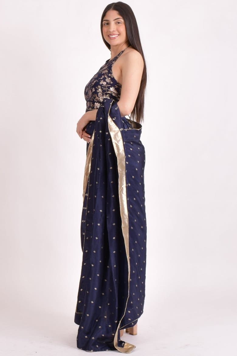 Jacquard Floral Pre-Pleated Saree With Halter Blouse, Alternate, color, Navy