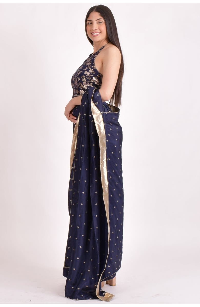RAAS Jacquard Floral Pre-Pleated Saree With Halter Blouse, Alternate, color, Navy