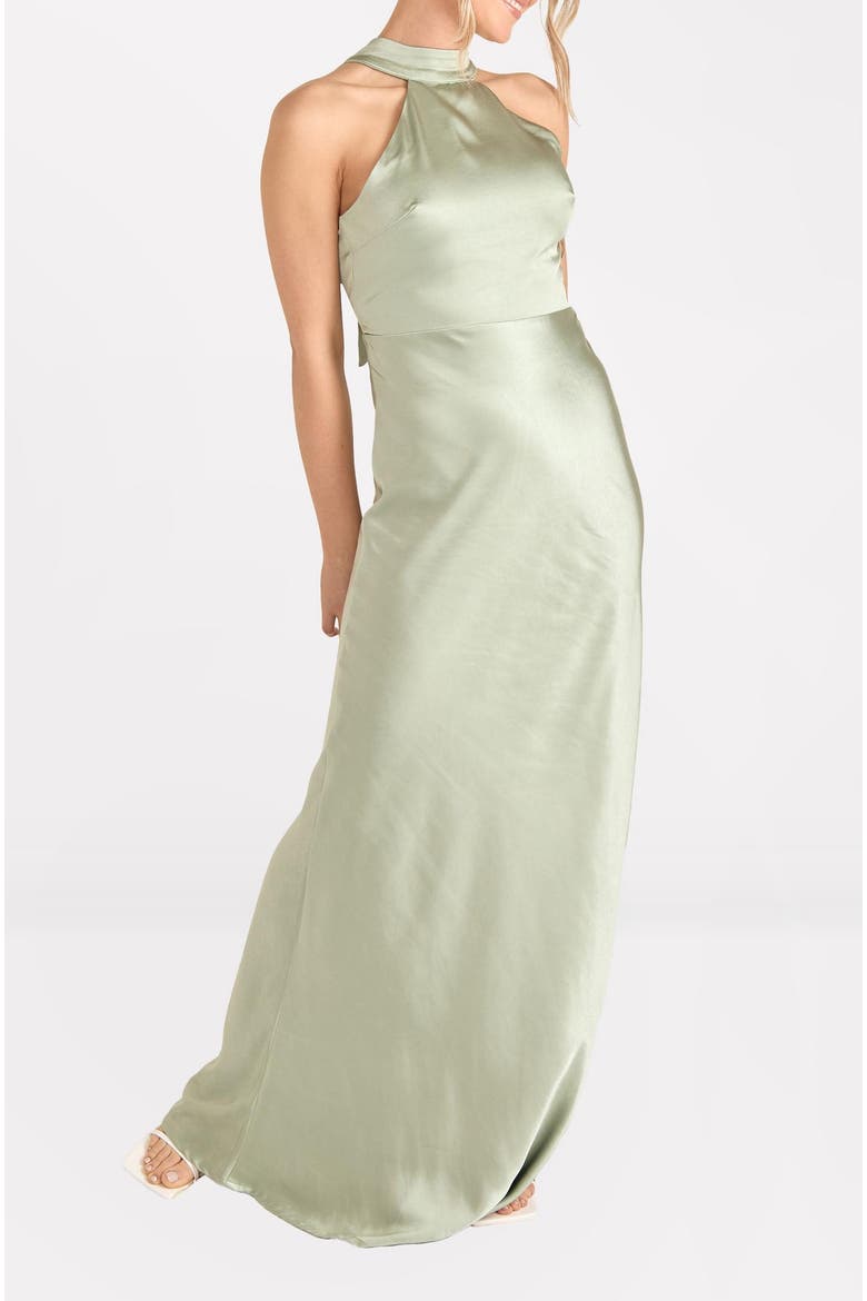Halter Neck Satin Bridesmaid Dress, Alternate, color, Sage