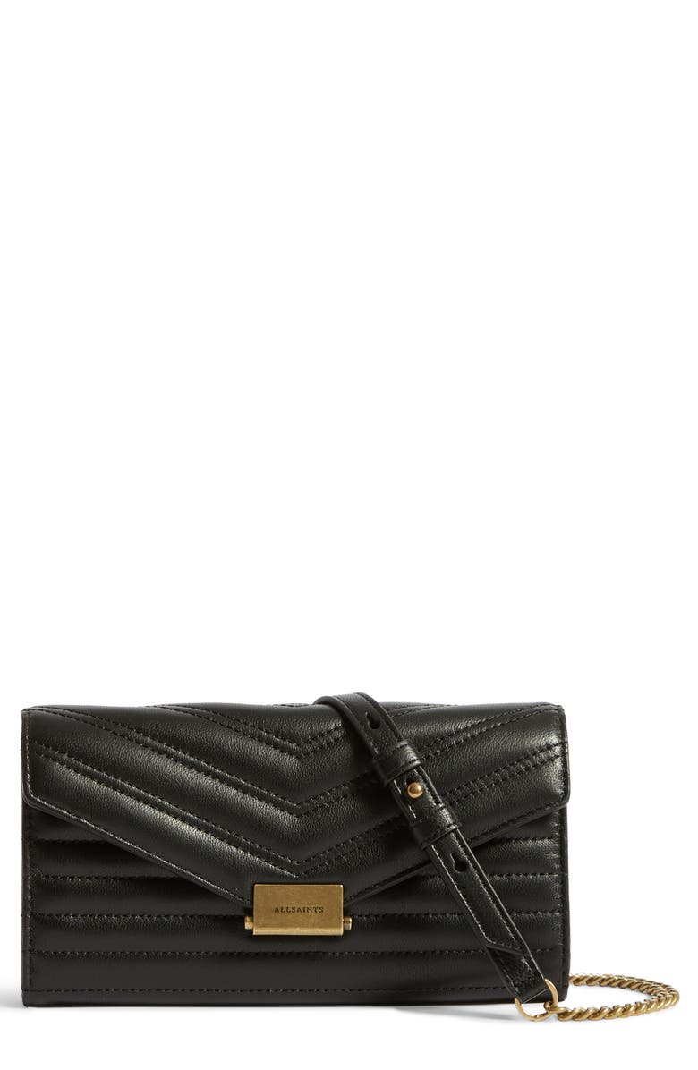 AllSaints Justine Quilted Leather Wallet on a Chain, Main, color,