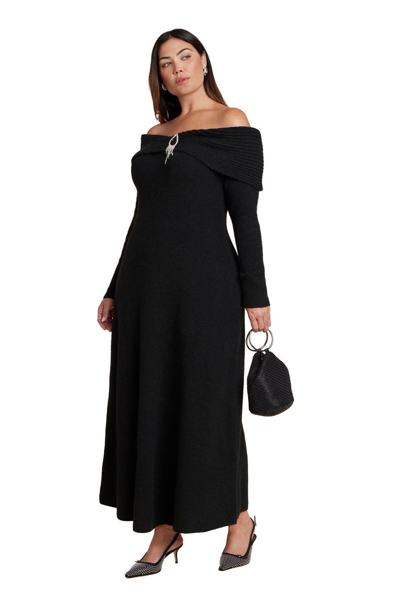 ELOQUII Brooch Sweater Dress, Main, color, Black Onyx