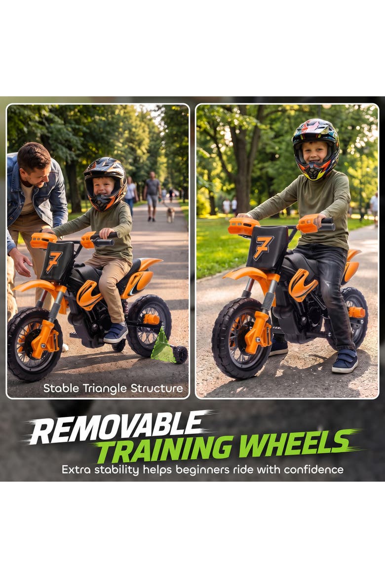 12V Kids Motorcycle, 2 x 35W Electric Dirt Bike with Training Wheels, Battery Powered Ride on Motorbike, Alternate, color, Orange