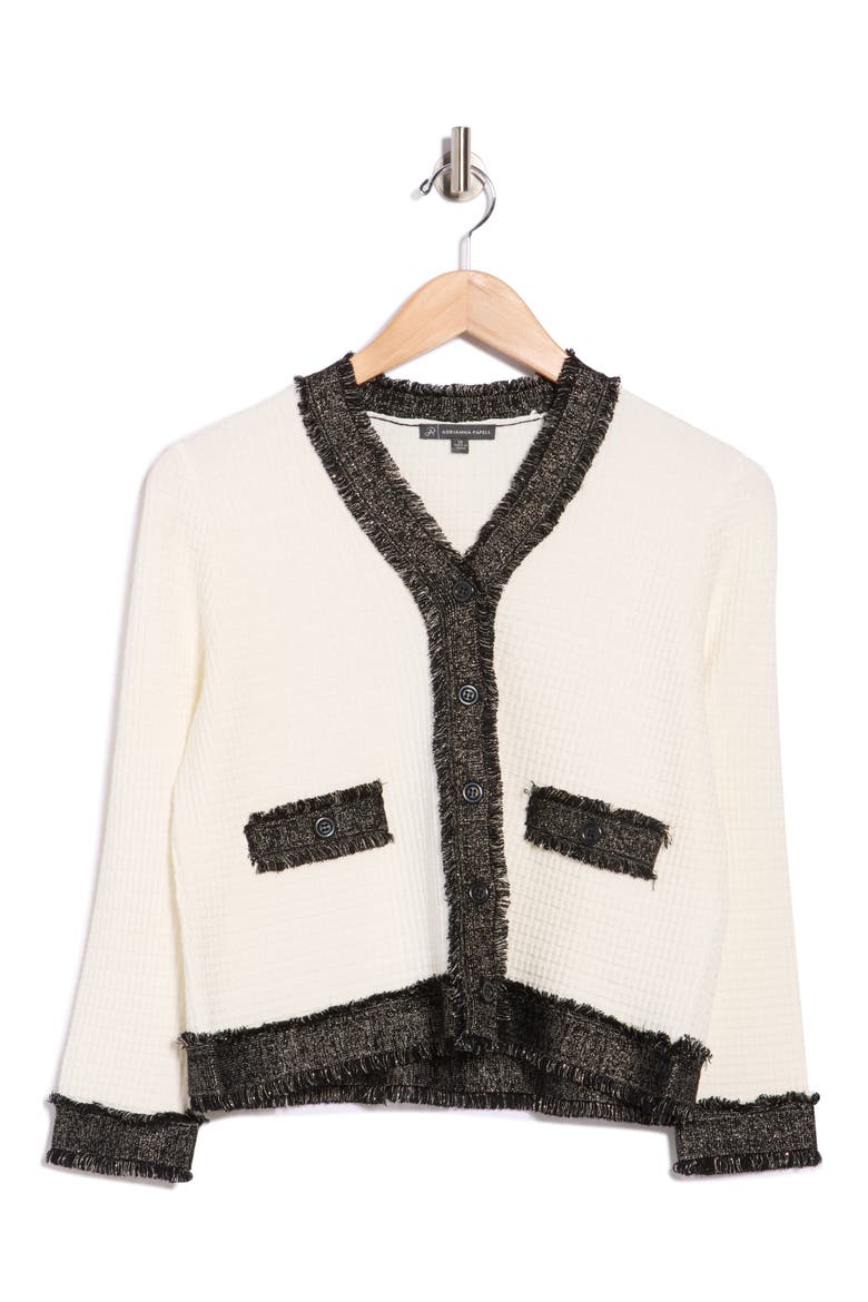 Frayed Knit Cardigan, Alternate, color, IVORY/ BLACK/ GOLD