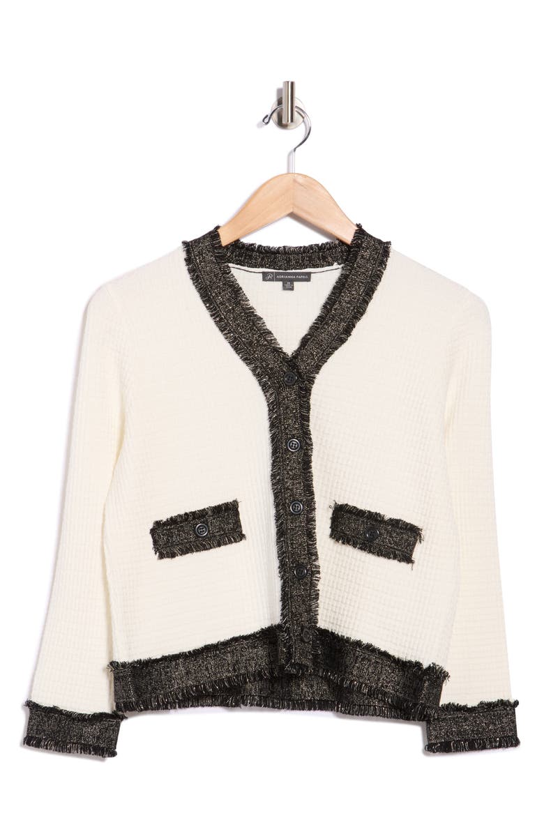 Adrianna Papell Frayed Knit Cardigan, Main, color, Ivory/ Black/ Gold