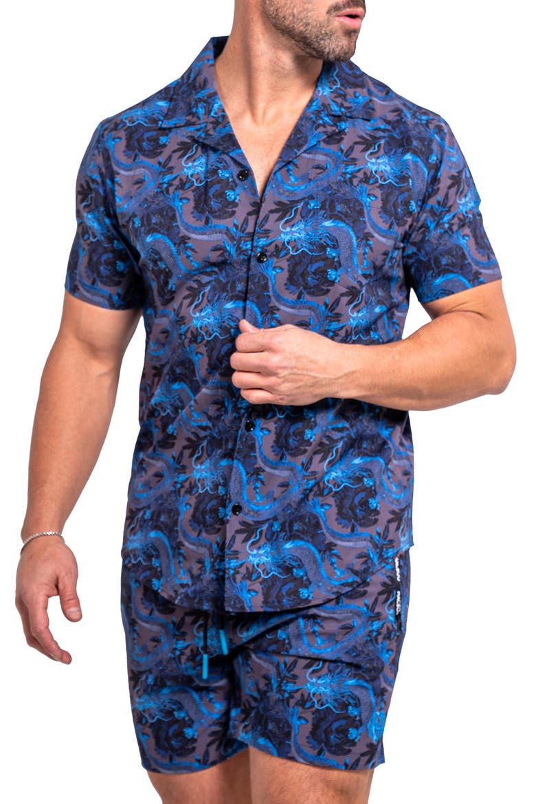 Beachdragon Blue Short Sleeve Cotton Button-Up Shirt, Alternate, color, BLUE