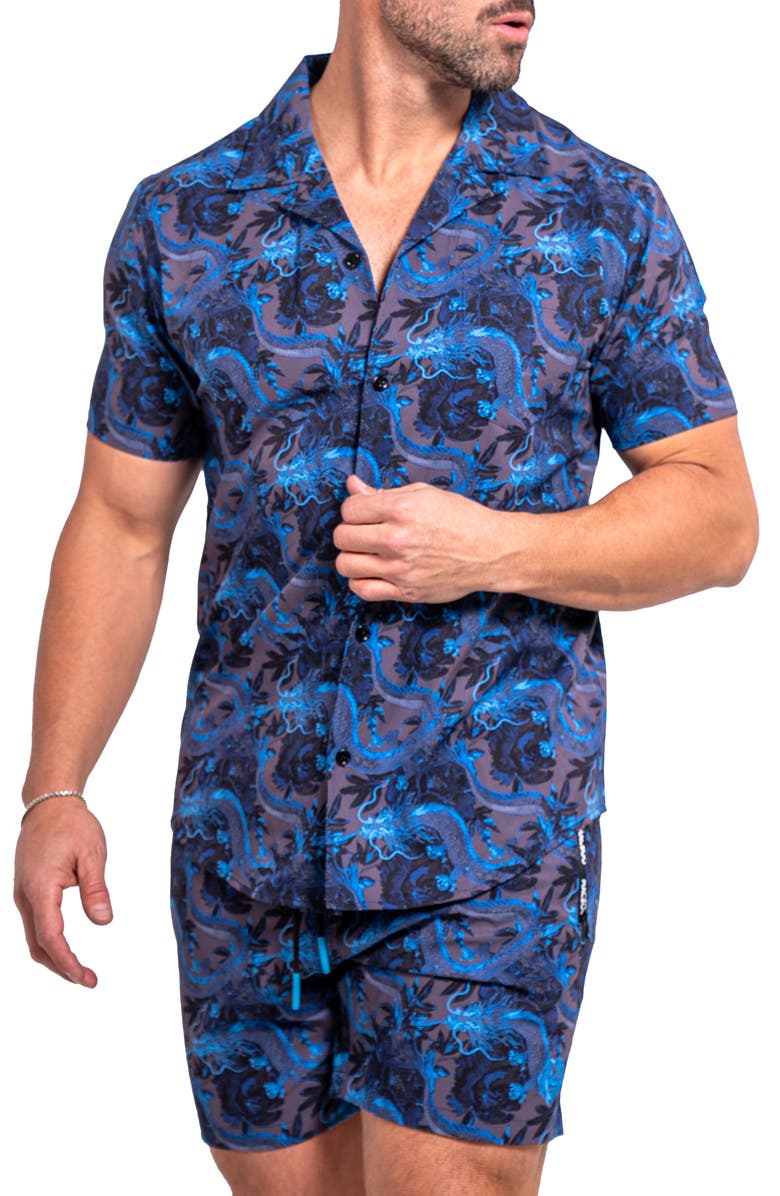 Maceoo Beachdragon Blue Short Sleeve Cotton Button-Up Shirt, Alternate, color, Blue