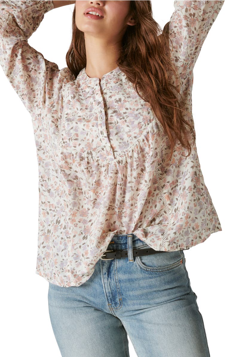 Lucky Brand Lace Inset Long Sleeve Cotton Top, Alternate, color, 