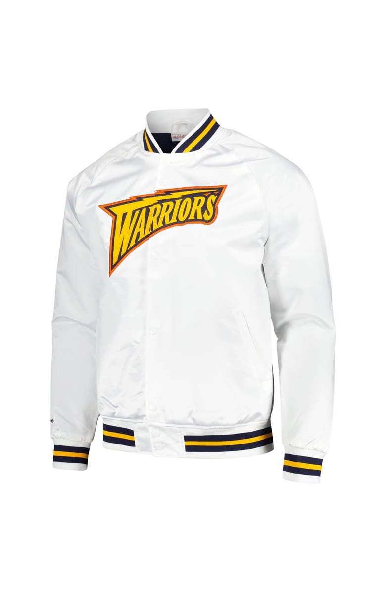 Mitchell & Ness Men's Mitchell & Ness White Golden State Warriors Hardwood Classics Throwback Wordmark Raglan Full-Snap Jacket, Alternate, color, White