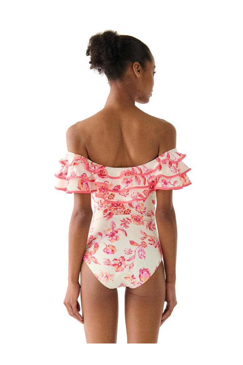 Floral Toile Ruffle Off the Shoulder One Piece Swimsuit, Alternate, color, Light Cantaloupe