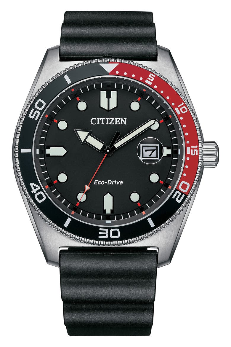 Marine Eco-Drive Rubber Strap Diving Watch, 43mm, Main, color, BLACK