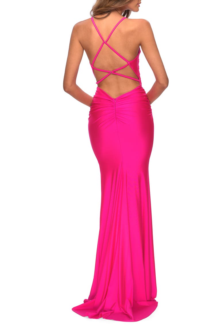 Neon Dress with Ruching and Strappy Back, Alternate, color, Neon Pink