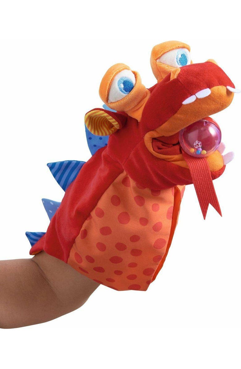 HABA Glove Puppet Eat it Up Dragon - Hand Puppet That Eats Small Objects, Perfect Toddler Toys for Ages 2-4, Sensory Hand Puppets, Preschool Toys, Alternate, color, Red Multi