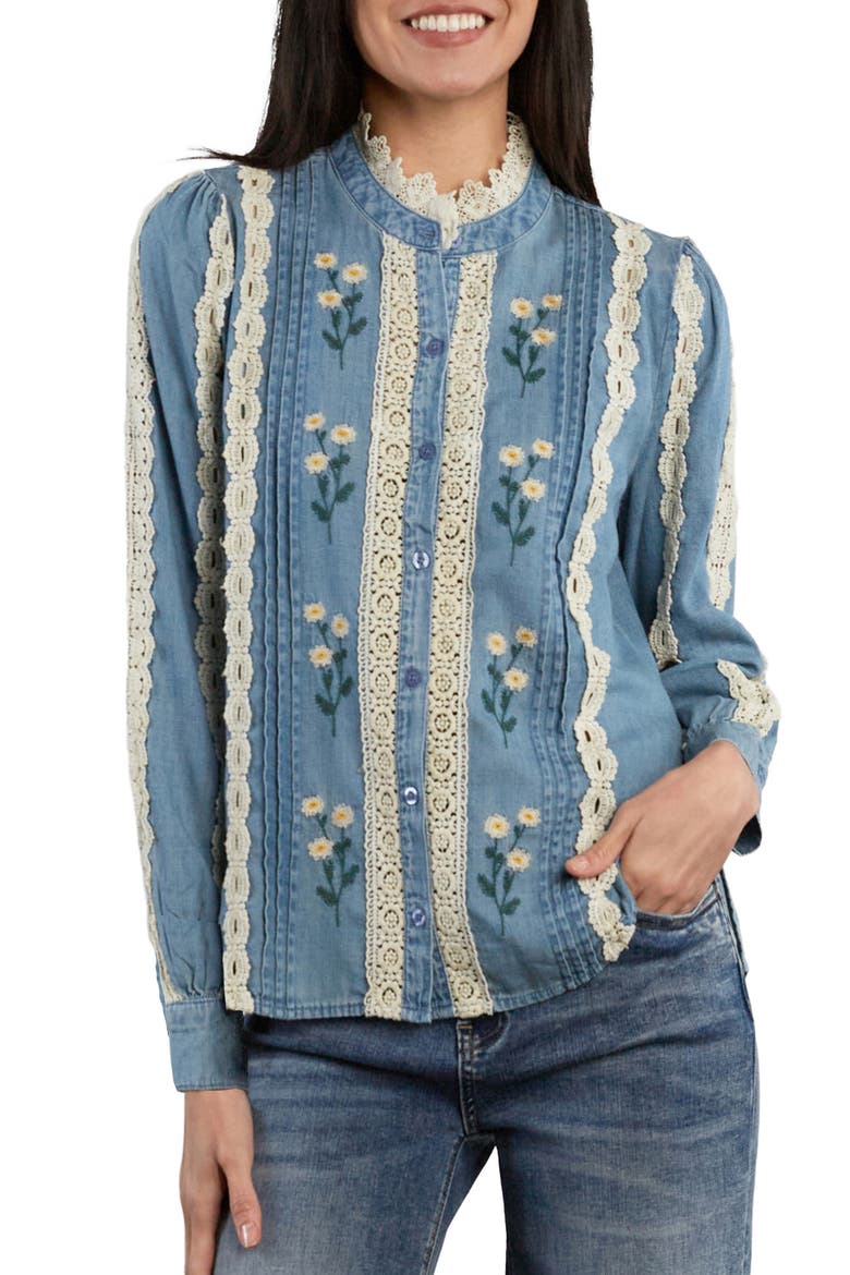 Embroidered Lace Pintuck Shirt, Alternate, color, WASHED BLUE