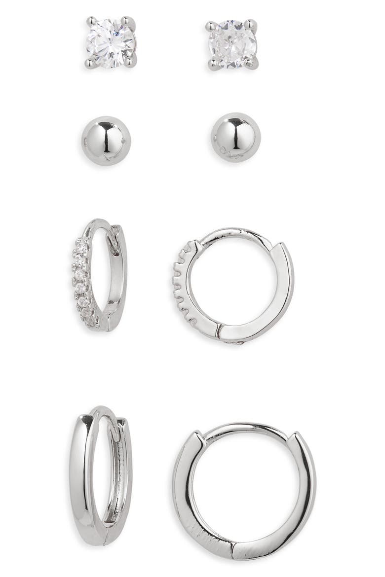 Set of 4 Demi Fine Essentials Stud & Hugging Hoop Earrings, Main, color, STERLING SILVER PLATED