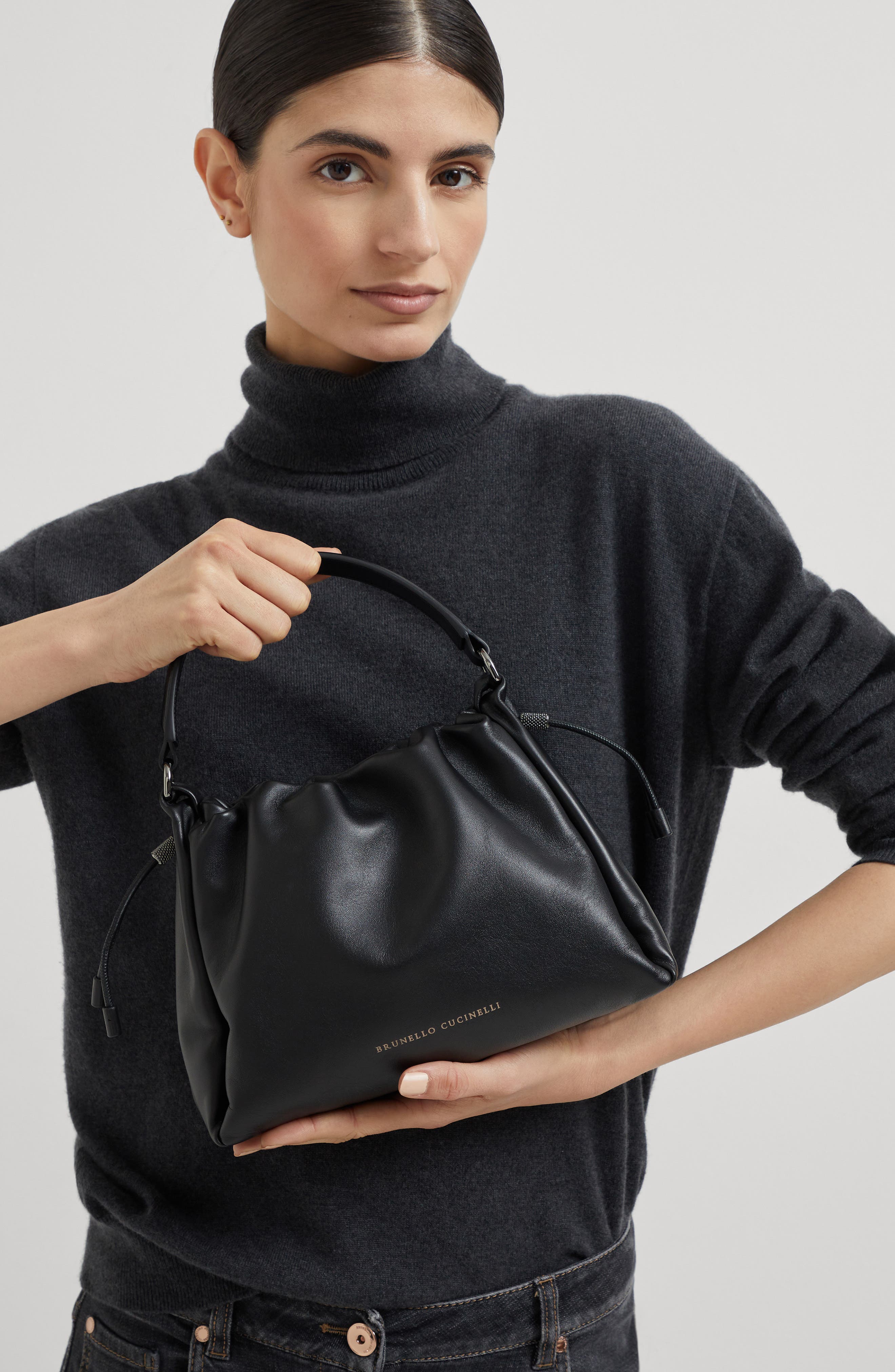 Brunello Cucinelli Small Soft Leather Mellow Bucket bag, Alternate, color, Black