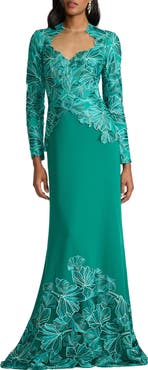 Tadashi Shoji Embroidered Detail Long Sleeve Gown