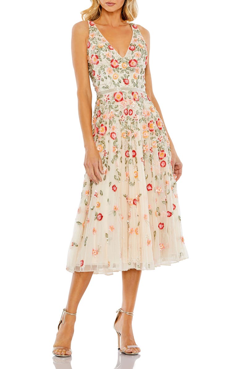 Mac Duggal V-Neck Sleeveless Midi Floral Beaded A-Line Dress, Main, color, Nude Multi