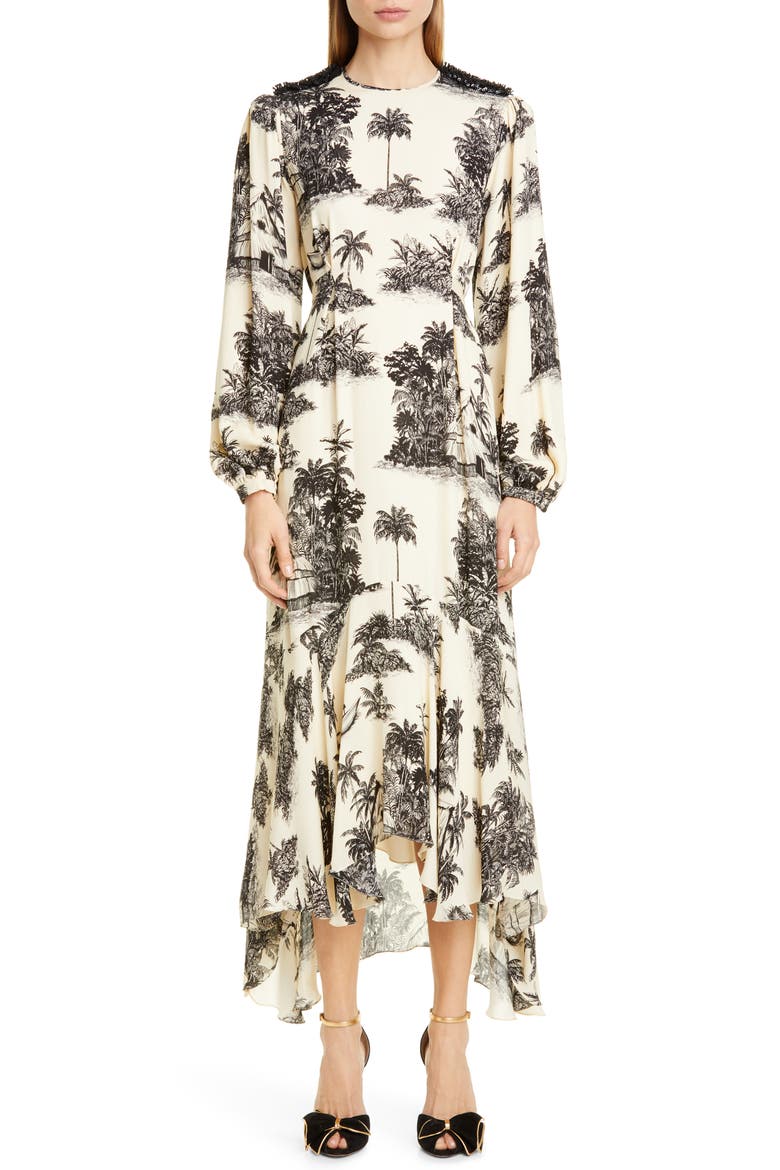 Toile Palm Print Long Sleeve Maxi Dress, Alternate, color, BLACK/ ECRU