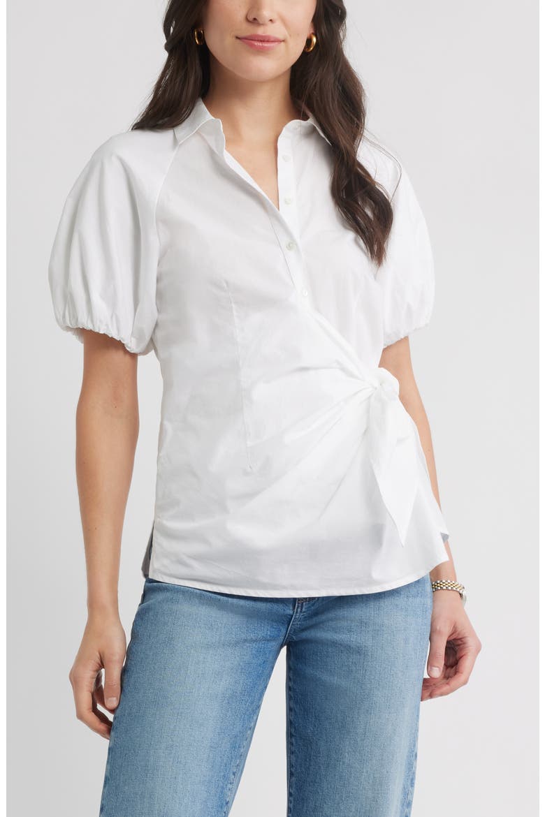 Tie Detail Balloon Sleeve Button-Up Shirt, Main, color, WHITE