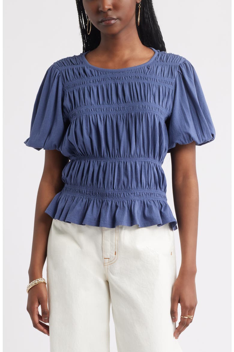 Smocked Puff Sleeve Top, Main, color, BLUE INDIGO