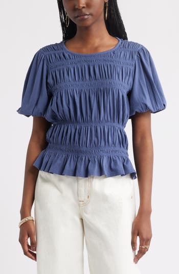 Treasure & Bond Smocked Puff Sleeve Top In Blue