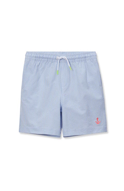 Boys Chlorine Resistant Seersucker Swim Trunks with Mesh Liner