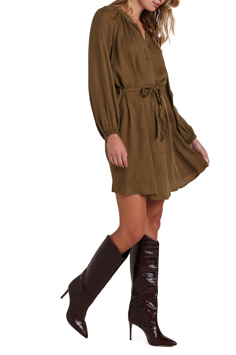 Long Sleeve Belted Satin Shirtdress, Alternate, color, BASIL GREEN