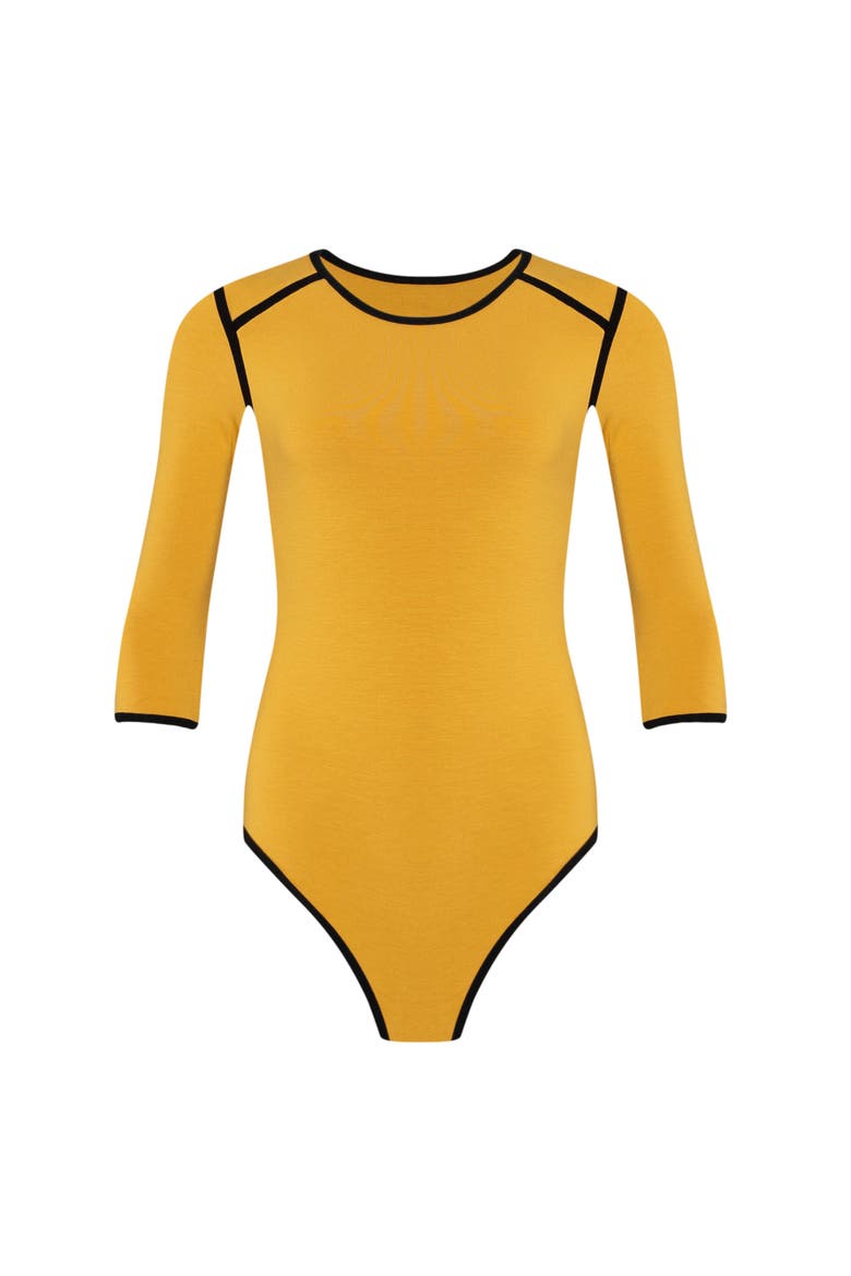 The Girl 3/4 Sleeve Second Skin Active Bodysuit, Main, color, Yellow
