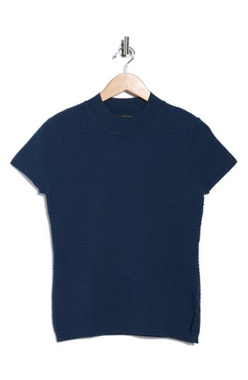 T Tahari Mock Neck Short Sleeve Knit Sweater In Blue