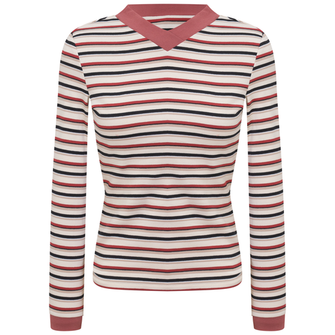 Striped Overlap V-Neck Contrast Cuff Top