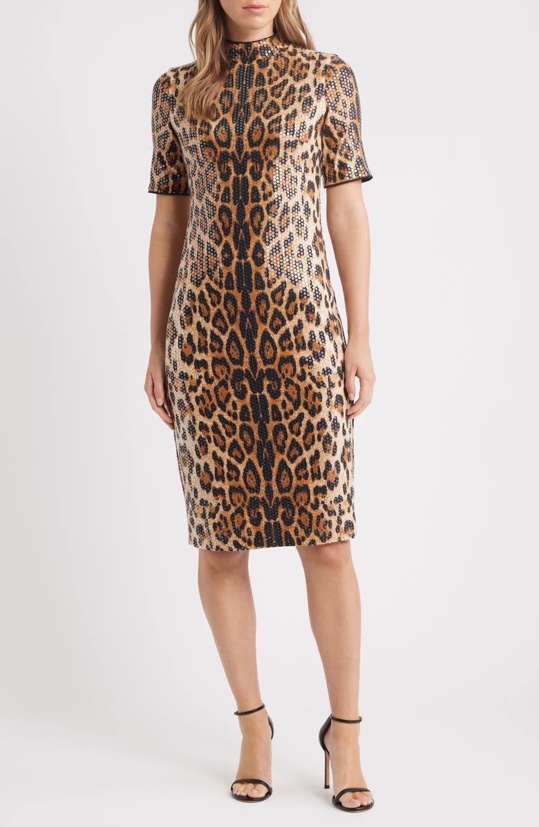 Anne Klein Sequin Leopard Sheath Dress, Main, color, Brown/ Anne Black
