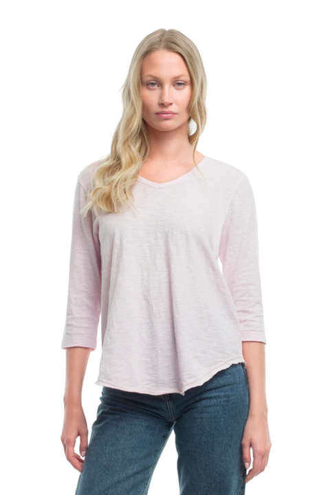 3/4 Sleeve V-Neck Shirttail Tee With Raw Hem Top
