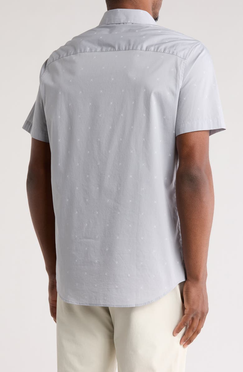 TravisMathew Across the Pond Geo Print Short Sleeve Stretch Button-Up Shirt, Alternate, color, Heather Sleet