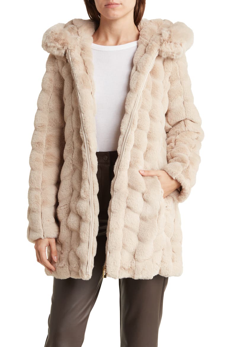Grooved Faux Fur Hooded Coat, Main, color, NEW BEIGE
