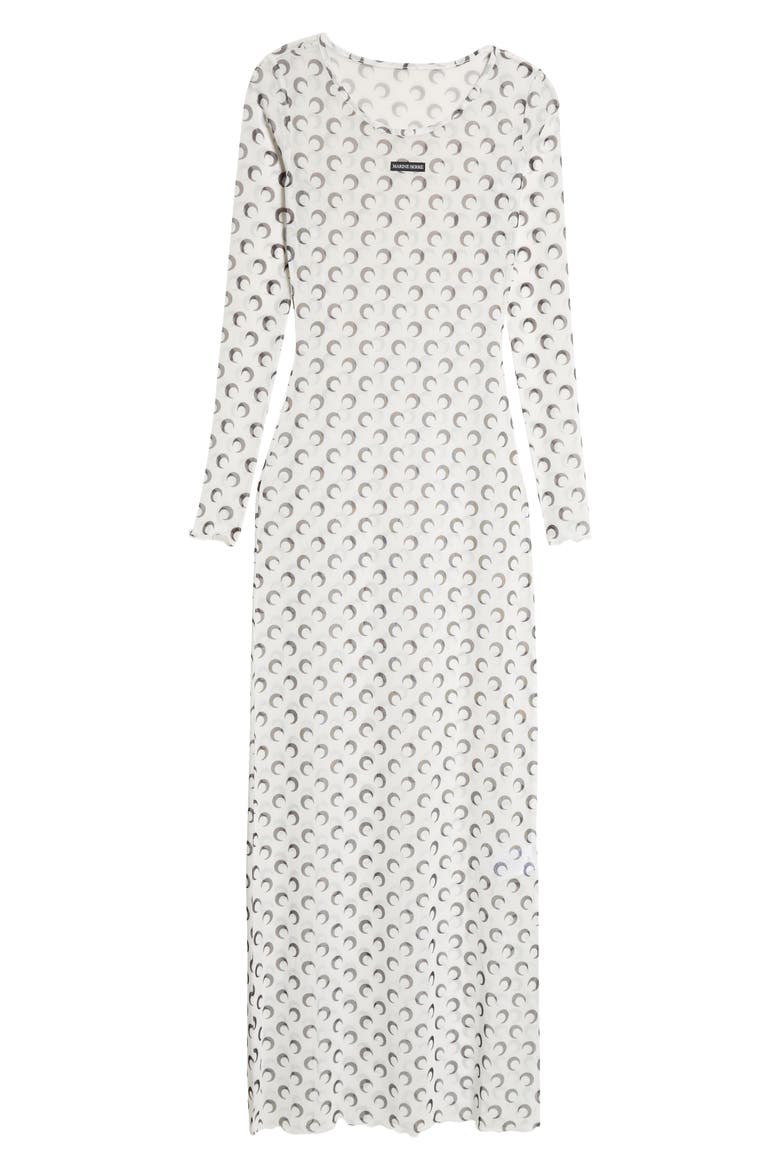 Moon Print Sheer Long Sleeve Mesh Dress, Alternate, color, OPTICAL WHITE