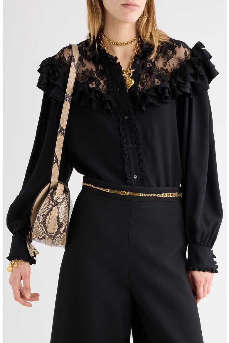 Silk Crepe de Chine Shirt with Lace Details, Main, color, BLACK
