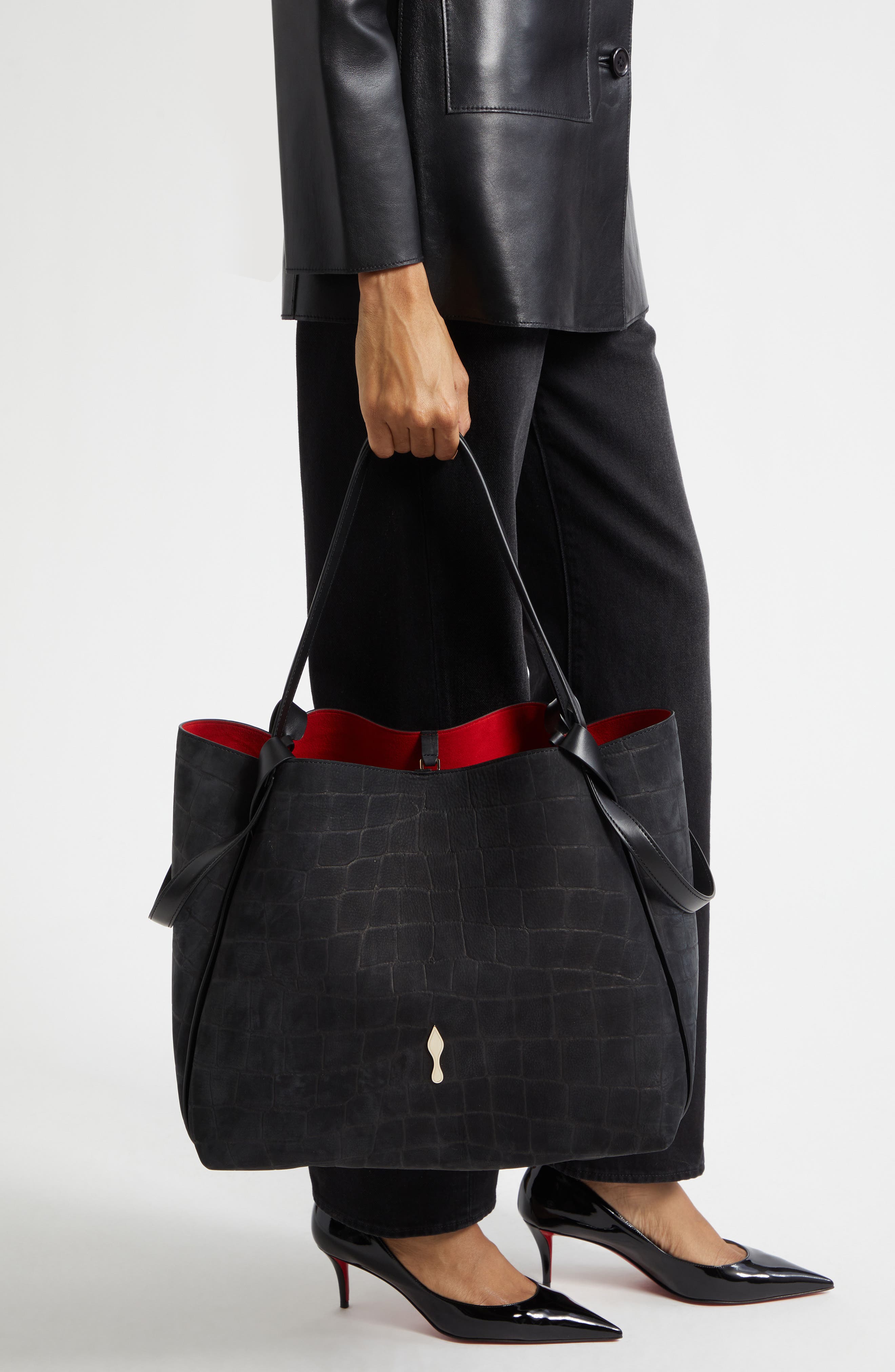 Large Bettina Croc Embossed Nubuck Leather Tote, Alternate, color, BK01 BLACK