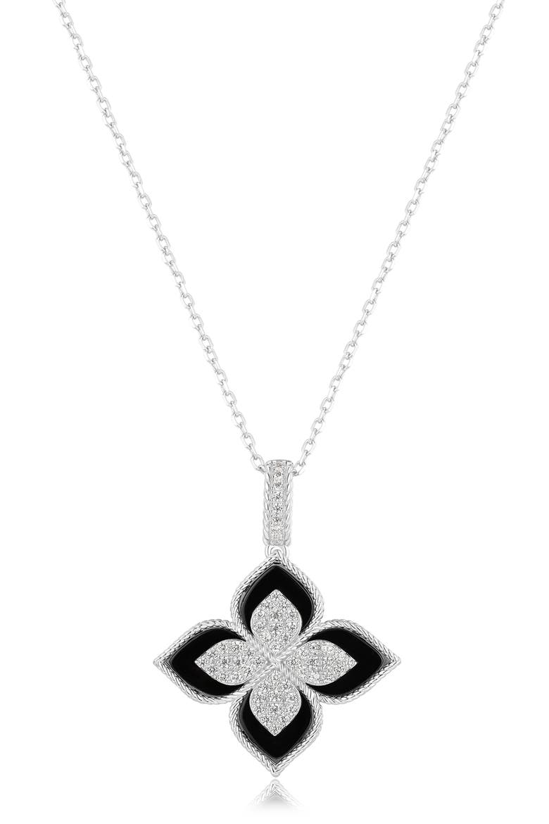 Pavé Cubic Zirconia & Enamel Flower Pendant Necklace, Main, color, BLACK