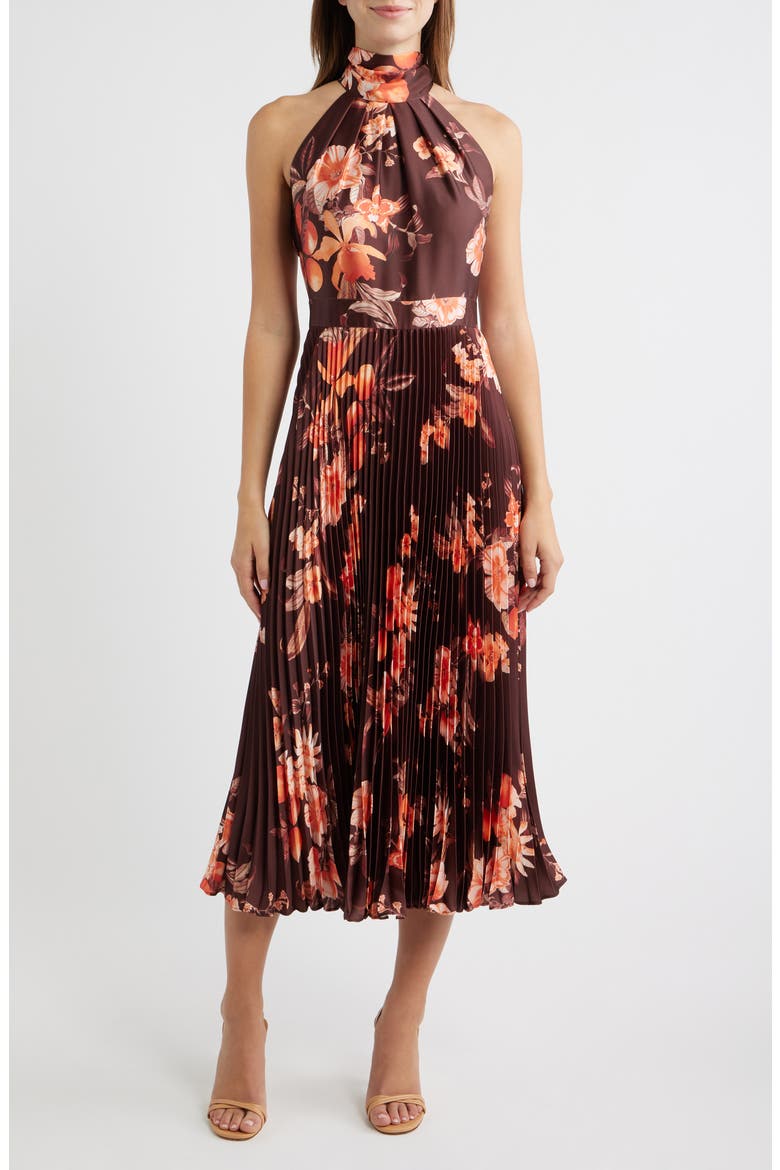 Floral Print Sleeveless Print Midi Dress, Main, color, CHOCOLATE