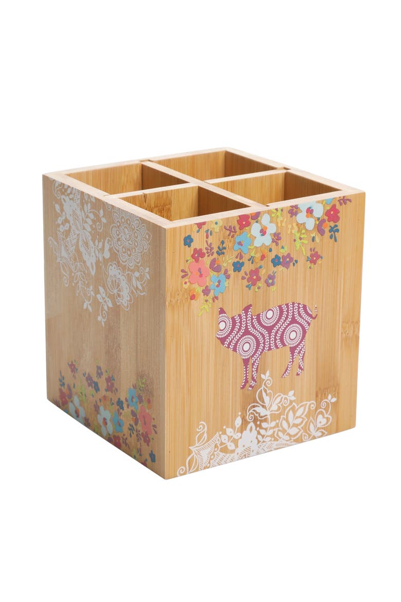 5.5" Square Wood Utensil Holder Animal Floral Print, Main, color, Brown