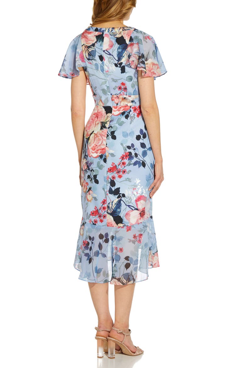 Floral Wrap Front Ruffle Midi Dress, Alternate, color, BLUE MULTI