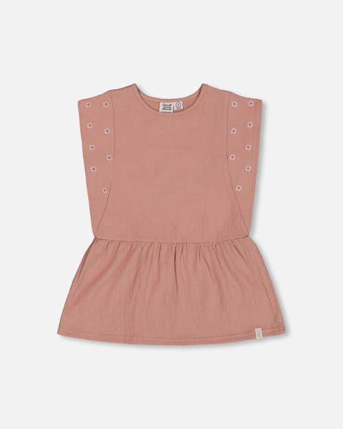 Deux Par Deux Girl's Crinkle Jersey Tunic With Embroidery Dark Old Pink In Dark Old Pink