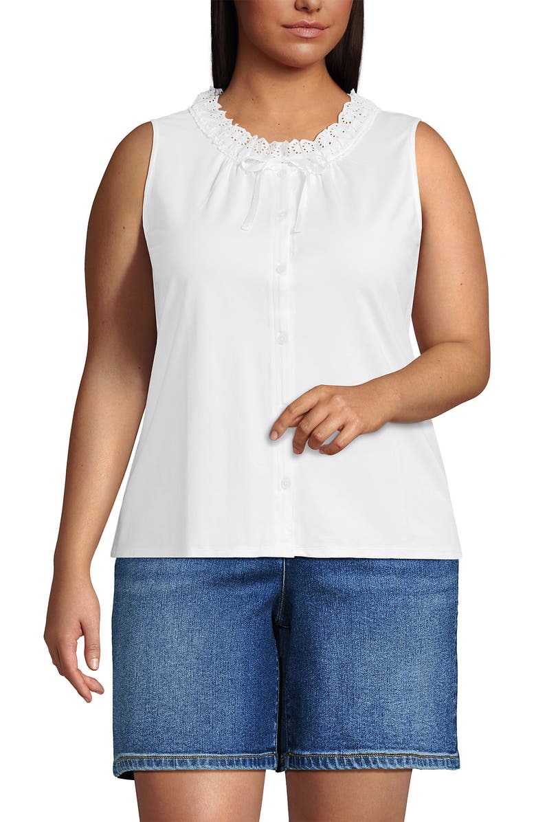 Lands' End Lightweight Jersey Button Front Lace Trim Tank, Main, color, White