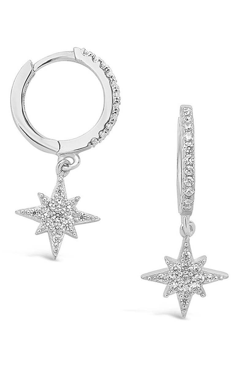 Sterling Forever Sterling Silver Cubic Zirconia Star Burst Drop Hoop Earrings, Alternate, color, 