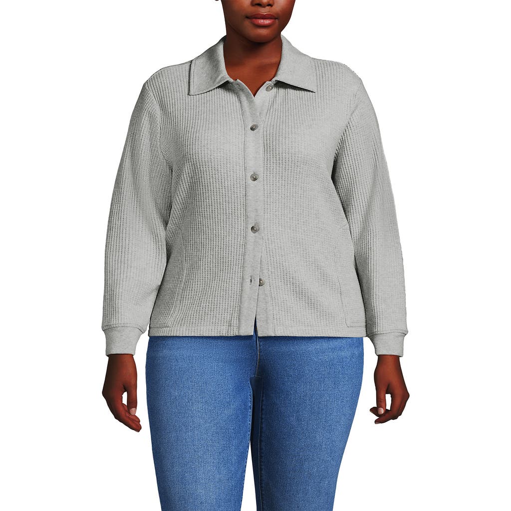 Lands' End Plus Size Long Sleeve Waffle Collared Shacket In Gray